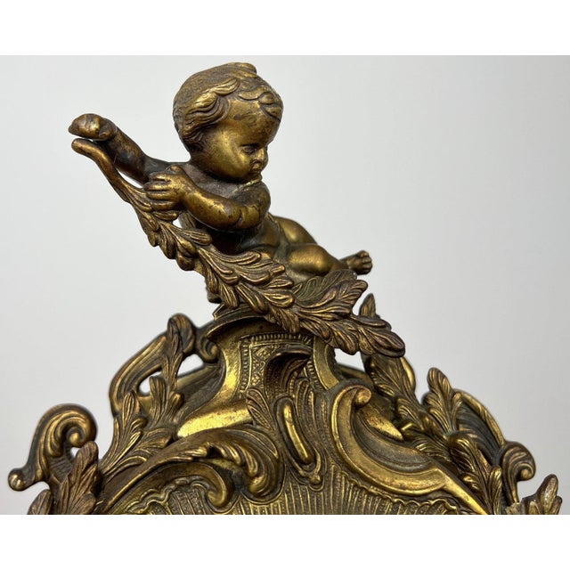 Metal Vintage French Brass Ornate Cherub Mantel Clock For Sale - Image 7 of 13
