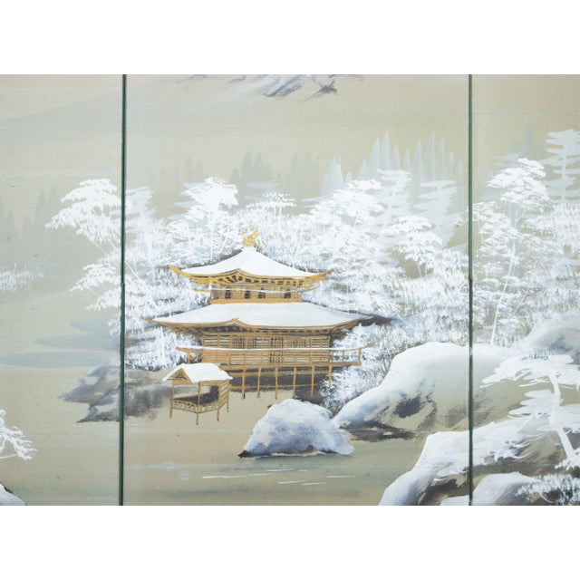 1960s Shōwa Era Japanese Silk Byobu Screen "Mountain Landscape in Winter" For Sale - Image 12 of 18