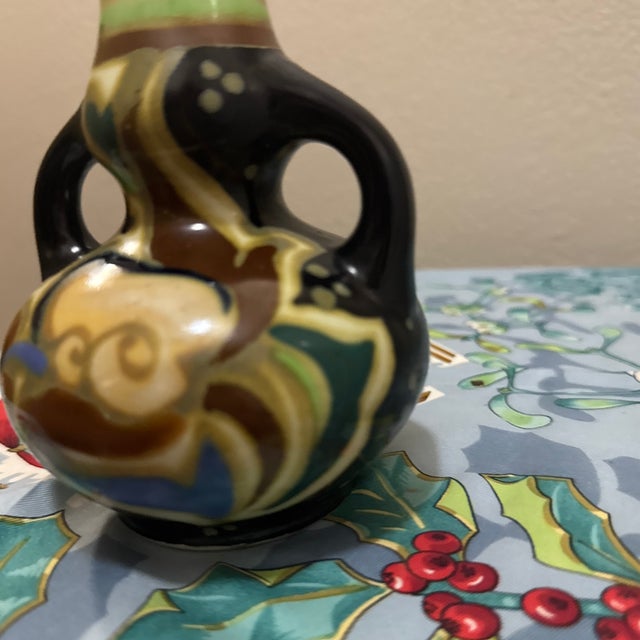 Yellow Vintage Gouda Art Deco Hand-Painted Double-Handled Small Vase For Sale - Image 8 of 10
