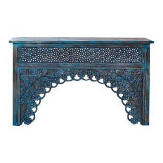 Rustic Console Blue Sofa Arch Table With Brass Studs For Sale