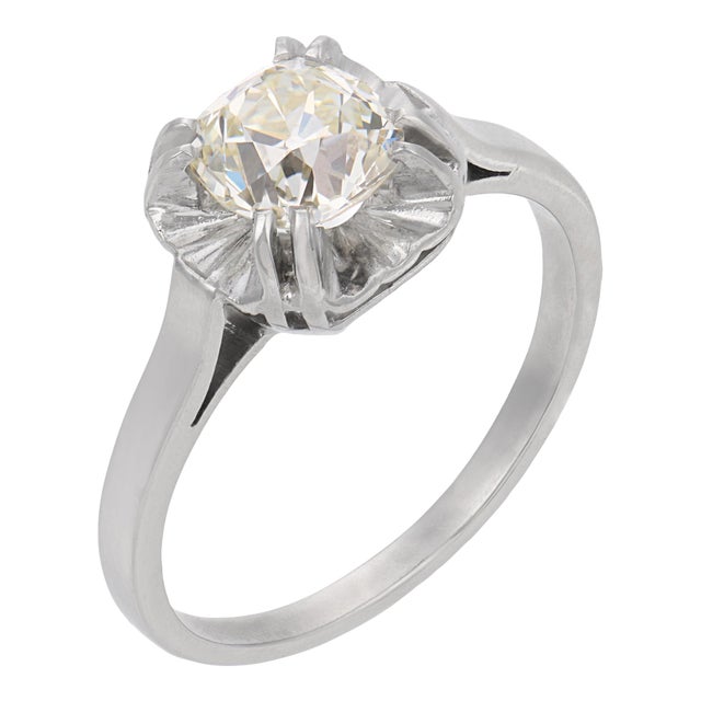 1930s French Art Deco Gia 1.18 Carat Old Mine Cut Diamond Platinum Engagement Ring, Size 6.75 For Sale