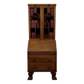 Antique Early 20th Century Art Deco English Golden Oak Bureau For Sale