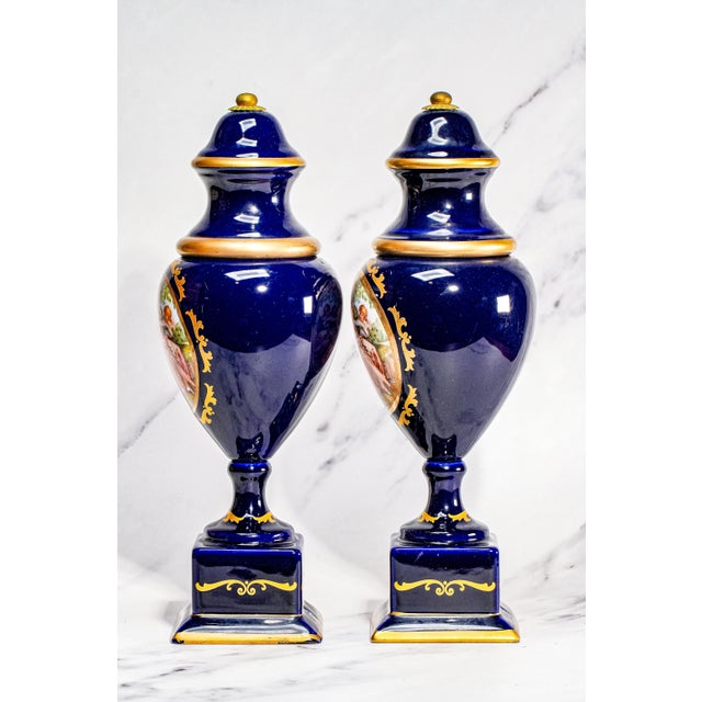 Ornate Decorative Pair Antique Italian Blue and Gold Hand Painted Urns Classical Scenes Mythology Home Decor For Sale - Image 16 of 18