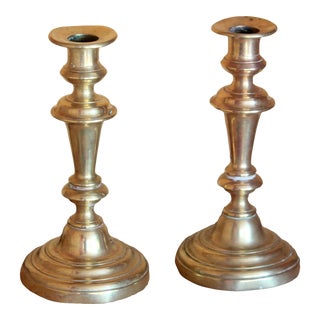 Antique Early 19th Century Lathe Turned Brass Push Up Candlesticks - Set of 2 For Sale