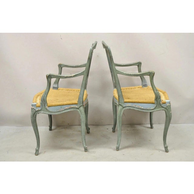 Antique French Louis XV Style Blue Painted Cane Back Fauteuil Arm Chairs - Pair For Sale - Image 9 of 12