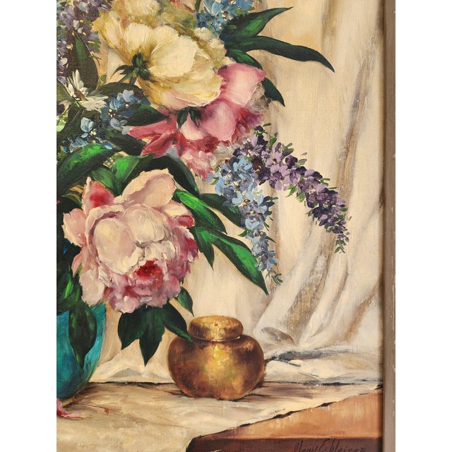 Mid Century Floral Still Life Oil Painting in Period Carved Frame For Sale - Image 4 of 16