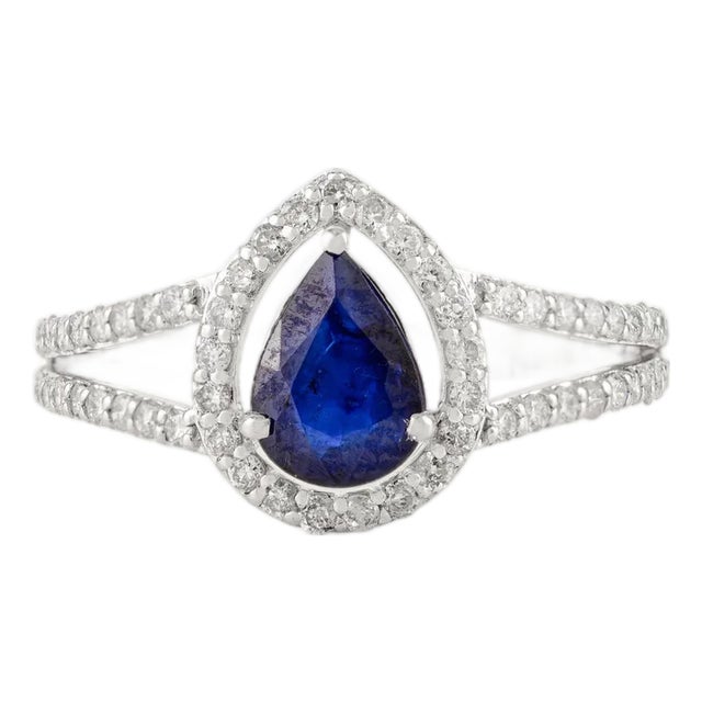14k White Gold Sapphire Diamond Pear Engagement Ring Size 5.5 For Sale