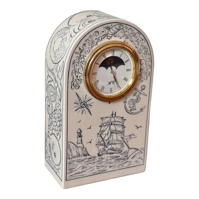 1990s Nautical Faux Scrimshaw Clock With Sun and Moon Dial For Sale