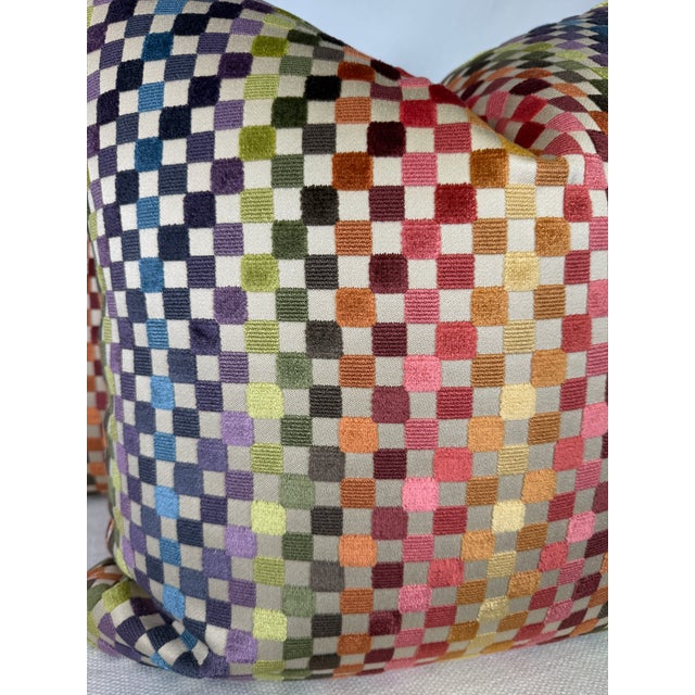 Custom pair of 22" pillows covered in Missoni Home "Maseko" cut velvet in color 156. These pillows have tapered corners to...