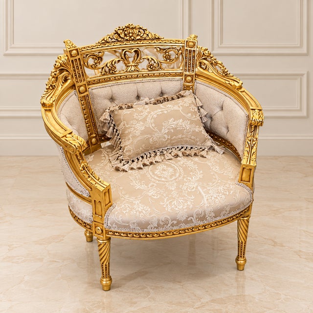 Add a refined European touch to your interior with this French-inspired armchair, featuring an elegant beige damask...