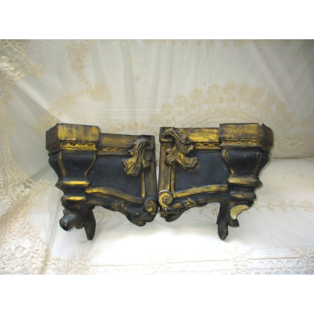 This is a Fabulous Pair of Louis XIV Style Corner Corbels in an Elegant Slant Blue and Gold Accents with a Ornate Acanthus...