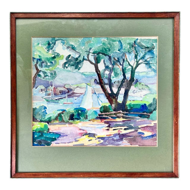 Landscape and Sailboat Scene Watercolor Painting- Framed For Sale