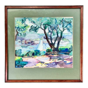 Landscape and Sailboat Scene Watercolor Painting- Framed