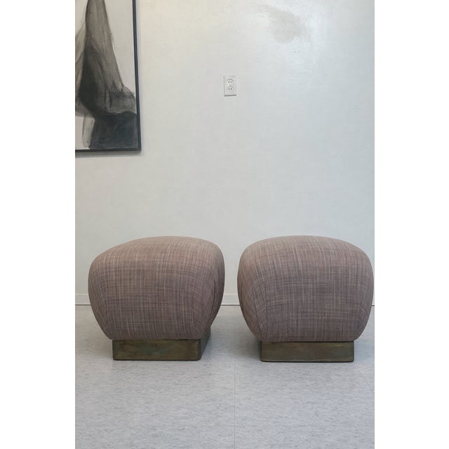 Pair of Souffle Poufs in the style of Marge Carson, c.1970s, USA. The square ottoman features soft curves and is...