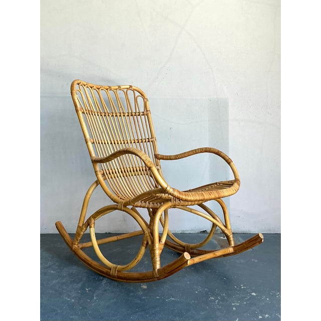 Mid-Century Modern Vintage Boho Loop Rattan Rocking Chair For Sale - Image 3 of 8