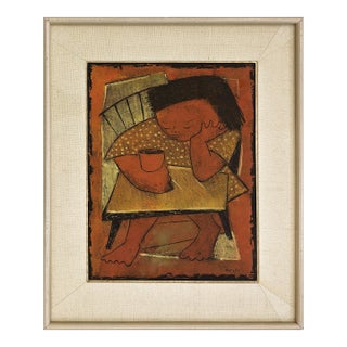 Angel Botello, Nino Con Una Taza (Rare Signed, Limited Edition Linocut) For Sale