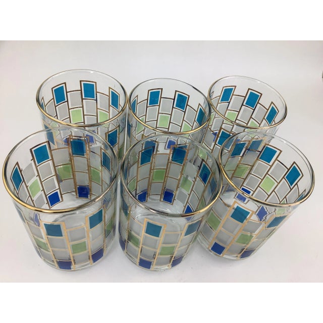 Mid-Century Modern Vintage Libbey "Nordic" Tumblers With Blue and Gray Rectangles and Gold Decoration - Set of 6 For Sale - Image 3 of 4