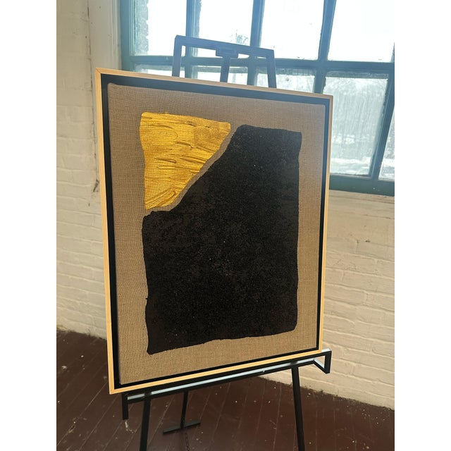 Vintage Gold and Noir Textural Masterpiece Painting Larger Size 20wx16h x3, Spanish Linen Natural Floating FRame Immerse...
