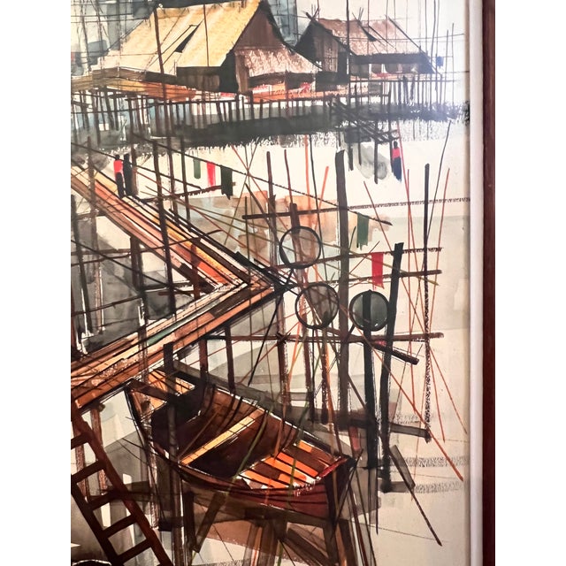 Cream 1960s Mid-Century Modern Thai Fishing Village Original Watercolor Painting by Sanga Mukmanee - Framed For Sale - Image 8 of 15
