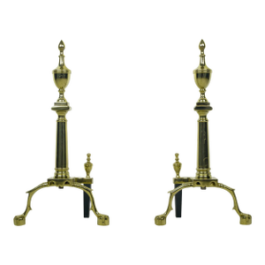 Pair of Mid 20th Century Federal Steeple Polished Brass Claw Feet Andirons