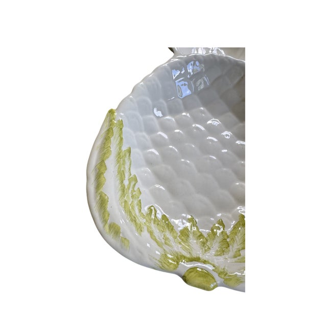 Vintage Italian White Ceramic Pineapple Dish, Hand-Glazed Green Leaf — Hollywood Regency For Sale - Image 4 of 5