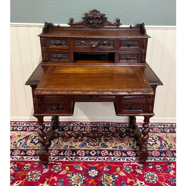 Antique French Petite Barley Twist Desk Carved Oak Renaissance Revival c.1890 For Sale - Image 16 of 18