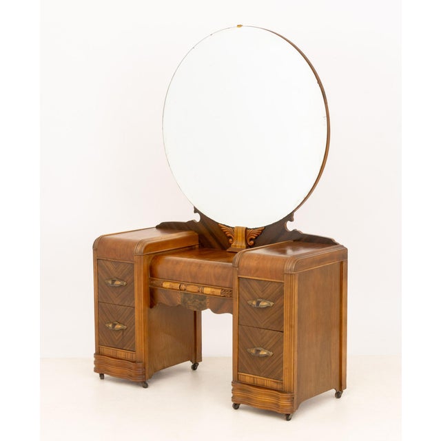 Brown American Art Deco Mirrored Marquetry Inlaid Walnut Vanity and Chair For Sale - Image 8 of 16