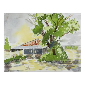 Small Barn and Landscape Watercolor Painting