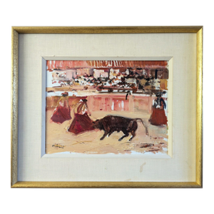 Mid-Century Modern 'Bullfight in Motion' Vintage Swedish Sem-Abstract Oil Painting, Framed
