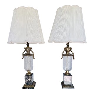 Vintage Crystal and Brass Table Lamps With Marble Bases and Pleated Shades - a Pair For Sale