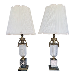 Vintage Crystal and Brass Table Lamps With Marble Bases and Pleated Shades - a Pair