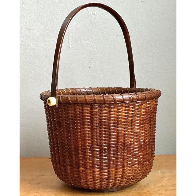 Vintage Woven Rattan Nantucket Basket With Handle For Sale - Image 10 of 12