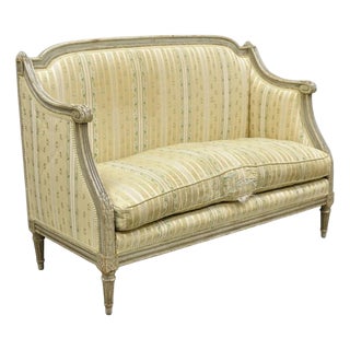 Antique French Louis XVI Style Cream Distress Painted Petite Canape Settee Sofa For Sale