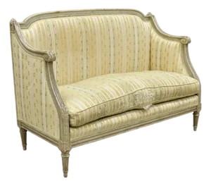 Antique French Louis XVI Style Cream Distress Painted Petite Canape Settee Sofa