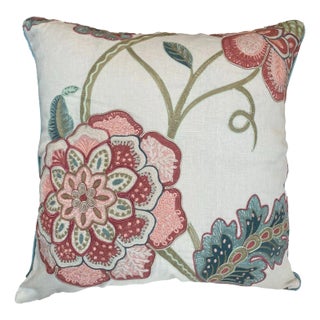 Pink & Blue Floral Embroidered Throw Pillow Cover For Sale