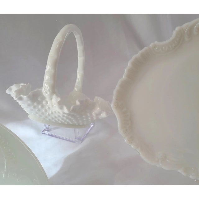 Three piece set including Vintage White Milk Glass Ruffled Edge Basket 7.5" (h) x 6.5" (wide), antique Victorian era...