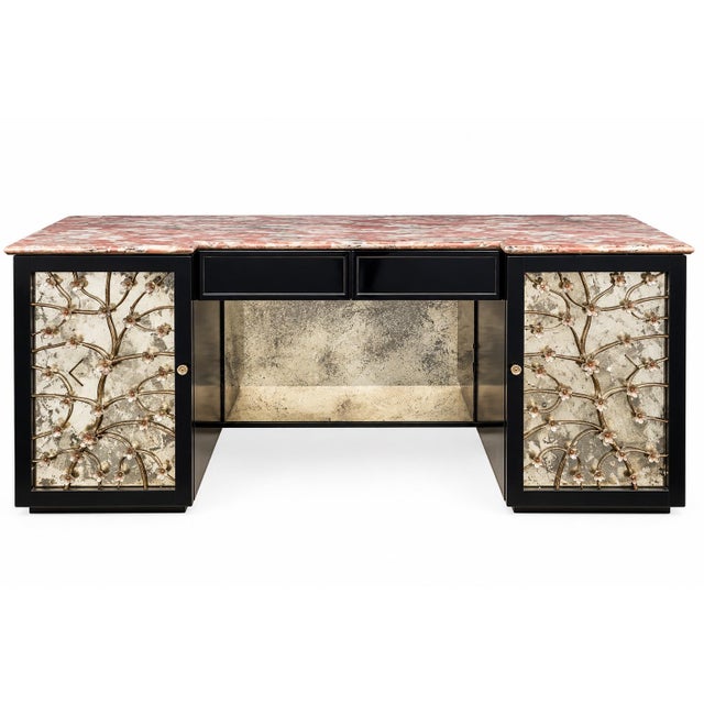 Hollywood Regency Lacquered & Mirrored Credenza / Vanity / Desk /Sideboard W/ Pink Marble & Tole Doo For Sale In Atlanta - Image 6 of 11
