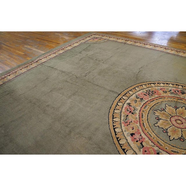 Arts & Crafts 1900s Green Asparagus Medallion Antique Irish Donegal Arts & Crafts Rug 12'6" X 18' Knotted Wool Carpet For Sale - Image 3 of 6