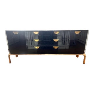1970s John Widdicomb Black Lacquered Credenza With Brass Hardware For Sale