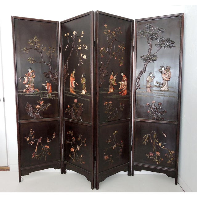 Antique Chinese Four Panel Room Divider, Screen of the Four Seasons