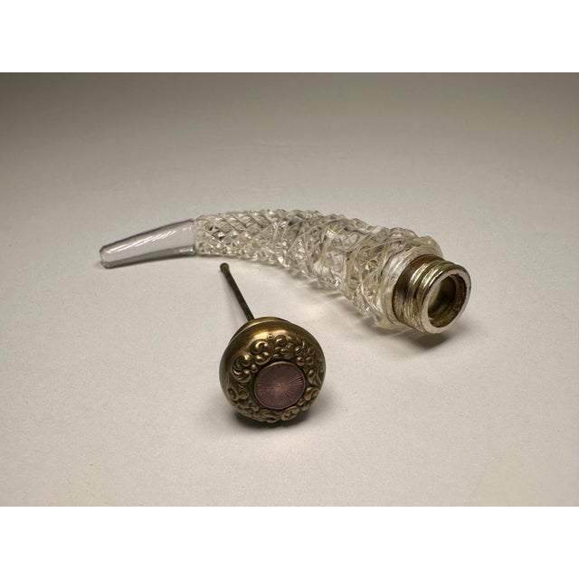 Metal Antique Crystal Laydown Perfume Bottle: Pink Guilloche Silvered Brass Lid For Sale - Image 7 of 9