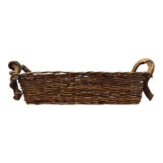 Mid 20th Century Rustic Handcrafted Woven Willow Long Trough Basket With Sculptural Root Handles For Sale