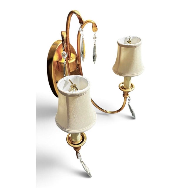 1990s Mid-Century Modern Gold Leaf 2-Light Crystal Wall Sconce For Sale - Image 14 of 14
