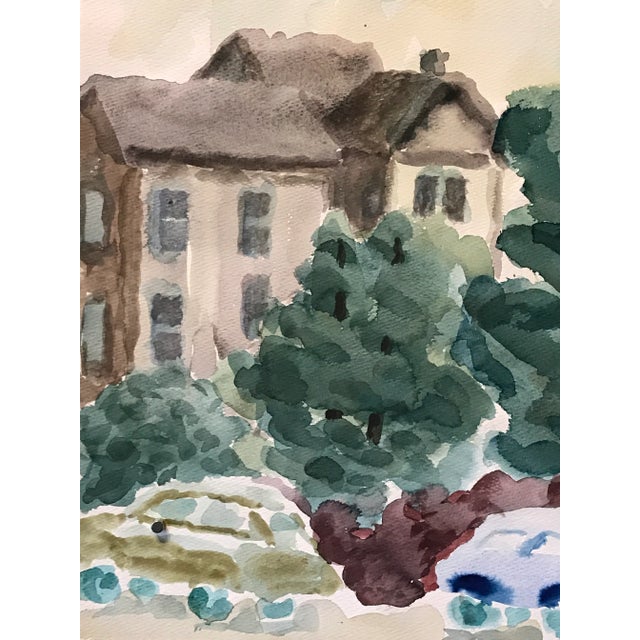 American "Cars in Front" 1970s Bay Area Watercolor Landscape Painting For Sale - Image 3 of 8