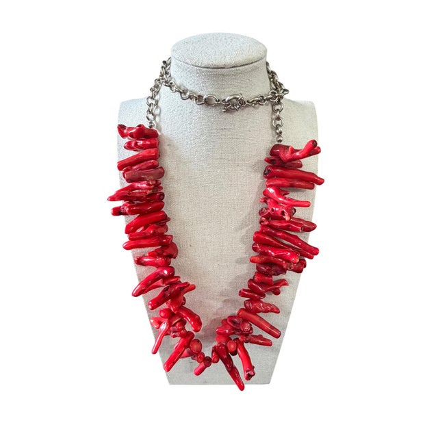 Rare vintage natural red coral branch necklace featuring genuine coral branches up to 2" long strung on a silver chain....