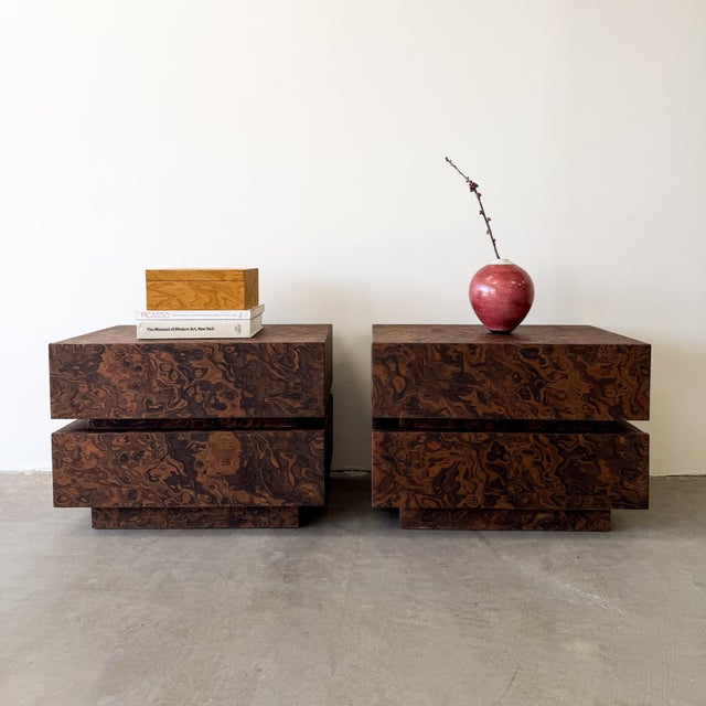 Mid-Century Modern Pair of Vintage Mid Century Modern Burlwood Nightstands 1970s For Sale - Image 3 of 10