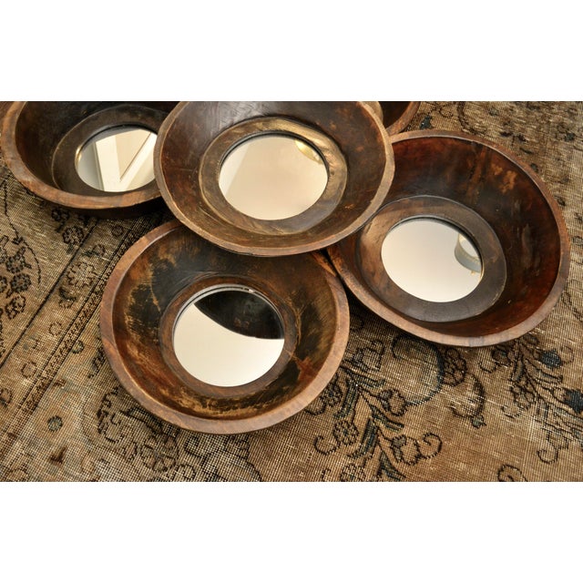 Farmhouse Mid 20th Century Primitive Style Wood Bowl Mirrors - Set of 5 For Sale - Image 3 of 5