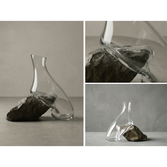 Contemporary Sculptural Glass Decanter Vase With Natural Gobi Desert Stone – One of a Kind Art Glass For Sale - Image 3 of 7