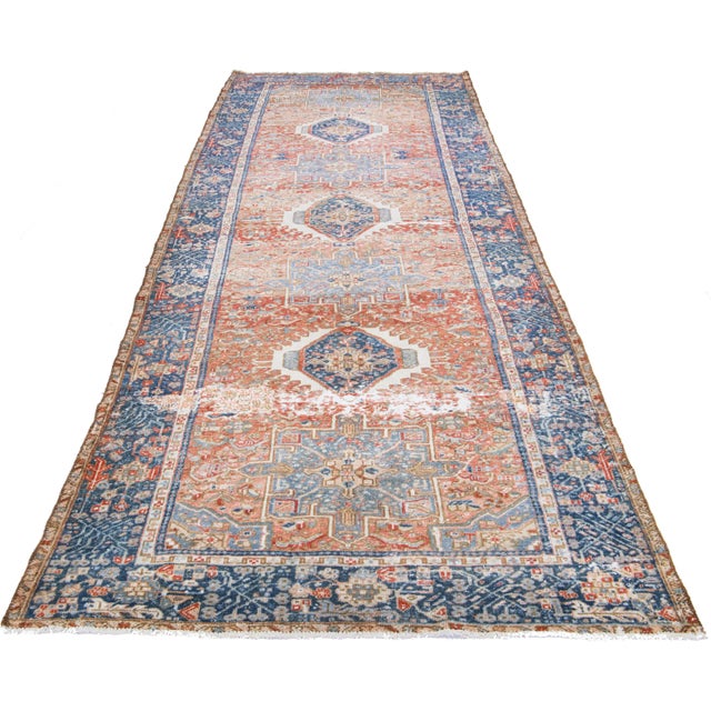 Shabby Chic 1960s Vintage Karajah Shabby Chic Handmade Medallion Rust Wool Runner For Sale - Image 3 of 9