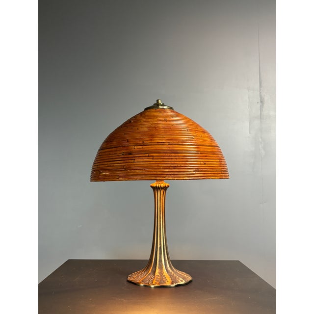 Mid-Century Modern Pencil Reed, Rattan, Bamboo and Brass Mushroom Table Lamp, 1970s For Sale - Image 15 of 17